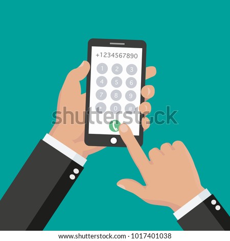 	
Hand is dialing number on the phone. Flat vector concept illustration of male hand and smartphone. Businessman touching buttons with numbers on the mobile phone screen to make a phone call.