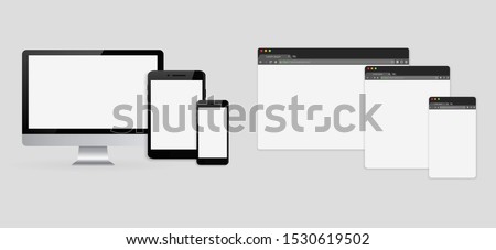 Set of browser interface on laptop, tablet and phone. Simple browser window, flat vector.