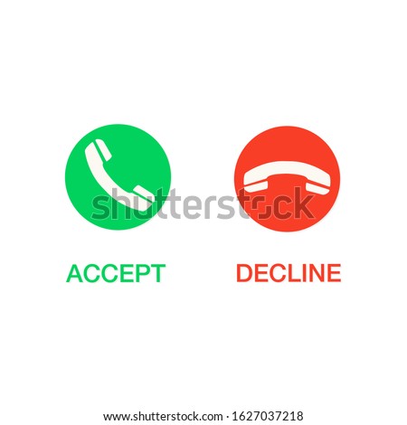 Phone call vector flat icon set with green accept or answer button and red hang up or decline button. Design for website, mobile app, etc.