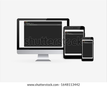 Modern dark mode browser window design. Web window screen mockup for laptop, tablet and phone.