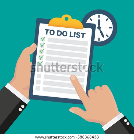 Hand holding clipboard and finger is pointing at a to do list with clocks 
