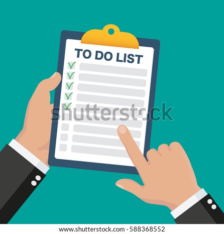 Hand holding clipboard and finger is pointing at a to do list 
