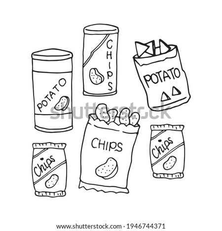 set of chips snack isolated on white background. chips in the box and can package. crispy potato slice. salty taste. hand drawn vector. doodle art for logo, label, clipart, coloring, advert, branding.