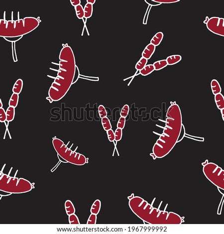 Seamless pattern depicts various fast food icons, featuring a grilled sausage with satay, set against a black background with white outlines, creating a visually appealing illustration