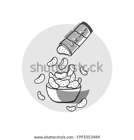 chips tube with bowl icon. spilled potato chips into bowl illustration. pile of chips. hand drawn vector, retro style. doodle art for logo, label, cover, poster, banner, branding, product, advertising