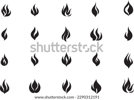 Set of black fire and flames icons on isolated white background. Vector illustration.