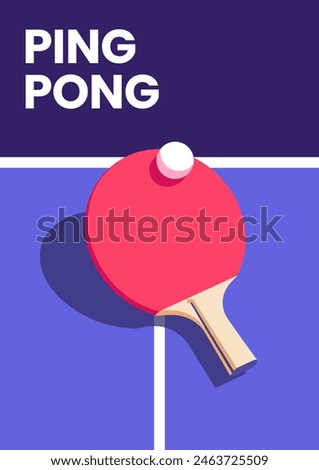 Trendy and minimalistic ping pong flat cartoon vector poster with copy space. The art consists of a table, a tennis racket, and a ball on a flat, vivid background. Ideal for banner or landing page