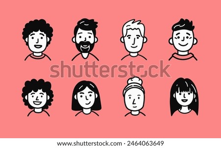 Set of 4 male and 4 female mono minimalistic notion-style avatars. Isolated vector graphics of a team on customizable background