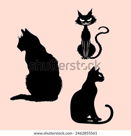 Three black cats are sitting on a pink background. The cats are all different sizes and have different expressions. One cat has a frown on its face, while the other two have their eyes wide open
