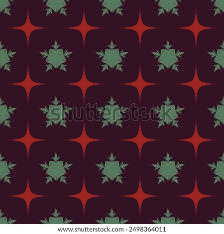 A pattern of stars and leaves is shown in a red and green color scheme. The stars are arranged in a grid, with some of them overlapping each other. The leaves are scattered throughout the pattern