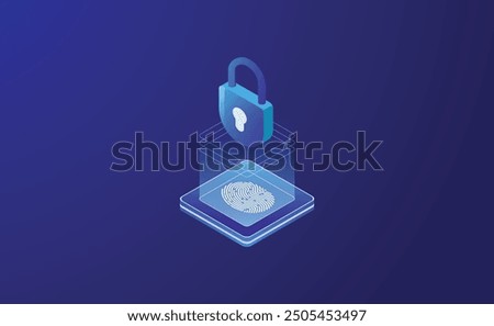 Data Security Protection isometric vector deseign. shield for personal data. fingerprints illustration. protection concept with icon of a lock and fingerprints.