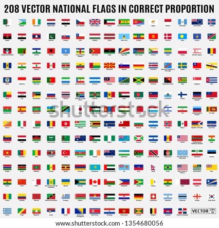 Vector collection of 208 national flags with detailed emblems of the world in correct proportion