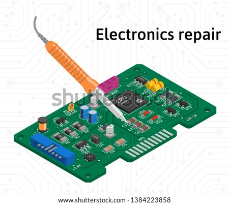 Vector isometric printed circuit board with soldering iron. Electronics repair.