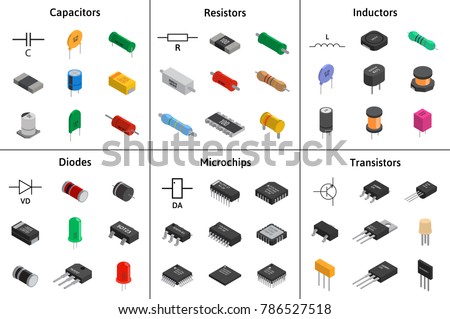 Big vector set of izometric electronic components. Collection of capacitors, resistors, diodes, transistors, inductors, microchips