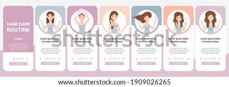 Young woman take care about her hair step by step instruction. UI UX mobile app design, onboarding app screen. Different haircare procedures. Wash, dry, applying mousse. Haircare routine. Template
