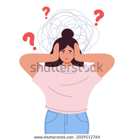 Young woman covering her ears with hands. Scribble and question marks around her head. Anxiety, fears, mental feeling problems. Depressed woman. Mental health issues Flat style vector illustration. 

