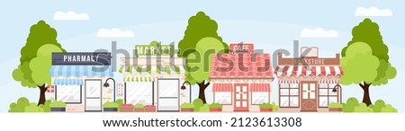 Small town street with cartoon city pharmacy, market, cafe, bookstore buildings and trees. Modern, cute flat vector illustration, stores facades, sunny day, blue sky, green trees and shrubs.