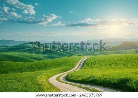 Similar – Image, Stock Photo Country road and path surrounded by fields with barley and rape, two trees standing at the roadside in front of a blue sky with little clouds and sunshine