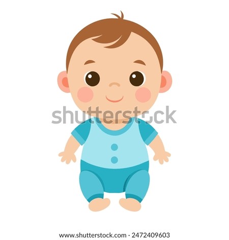 A baby boy in blue clothes sitting on white background