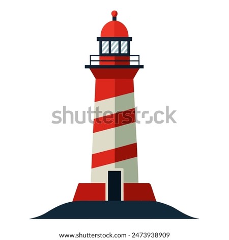 There is a red, white, and blue lighthouse standing on a white background