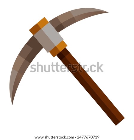 A pickaxe with a wooden handle laying on a plain white surface