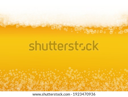 Lager beer. Background with craft splash. Oktoberfest foam. Festive pint of ale with realistic white bubbles. Cool liquid drink for pab banner layout. Gold cup with lager beer.