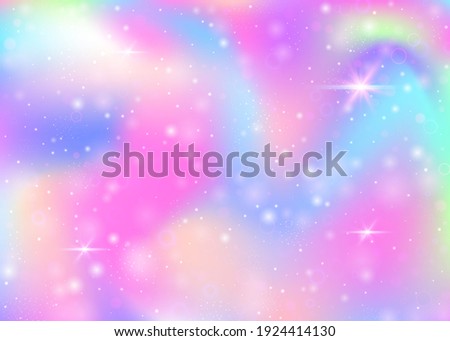 Fairy background with rainbow mesh.  Girlie universe banner in princess colors. Fantasy gradient backdrop with hologram. Holographic fairy background with magic sparkles, stars and blurs.