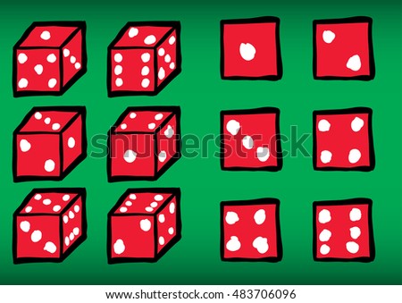 Vector set of hand drawn playing dice. Vector file contains outline and fill layers. Red and white.