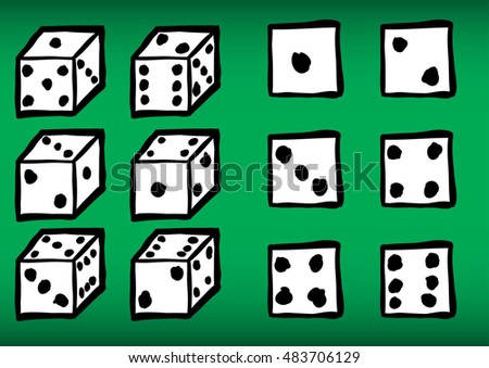 Vector set of hand drawn playing dice. Vector file contains outline and fill layers.Black and white.