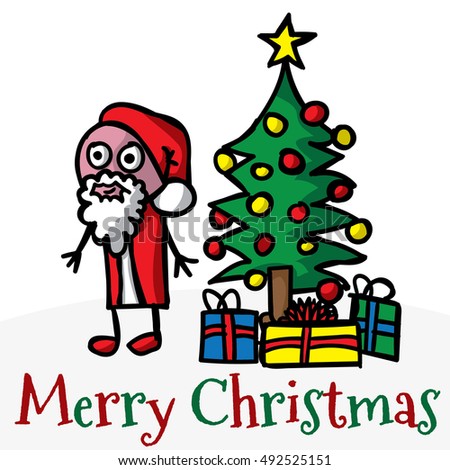 Merry Christmas Illustrations With Hand Drawn, Doodled Santa, Tree And Gifts. On White