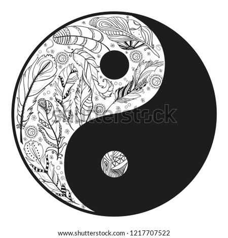 Yin and Yang on white. Hand drawn mandala on isolation background. Design for spiritual relaxation for adults. Black and white illustration for coloring. Doodle for flyers, shirts and textiles