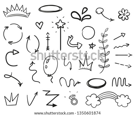 Infographic elements on isolated white background. Hand drawn simple arrows. Line art. Set of different things. Abstract signs. Black and white illustration. Doodles for artwork