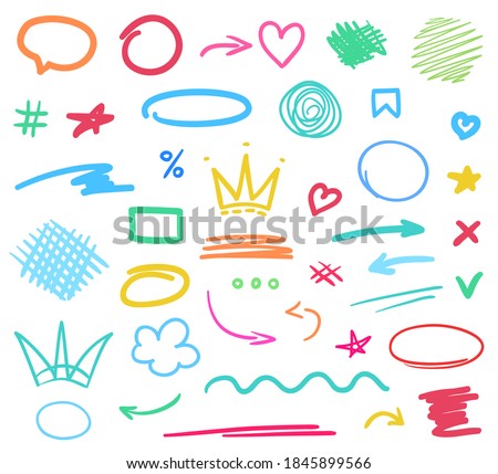Infographic elements isolated on background. Colored set of sketchy arrow, heart, crown signs. Hand drawn simple symbols