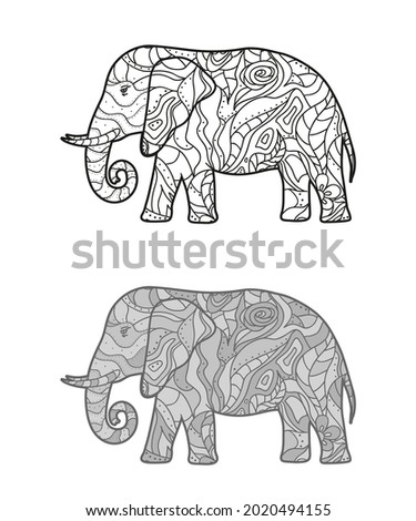 Abstract patterned elephant. Hand drawn ornaments. Freehand drawing. Different color options. Design for spiritual relaxation for adults. Black and white illustration