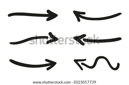 Hand drawn simple black arrow. Line art. Set of different arrows. Abstract indicators. Black and white illustration