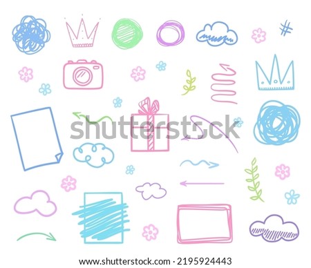 Infographic elements on isolated background. Set of sketchy camera, page, arrow, gift box, crown and other objects. Hand drawn simple signs and symbols