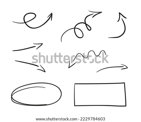 Simple infographic elements on isolated white. Line drawing. Hand drawn simple arrows. Sketchy geometric frames. Black and white illustration