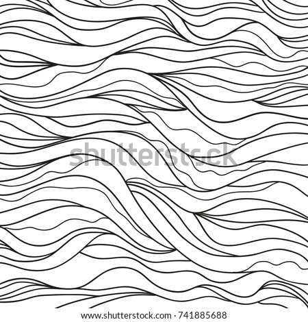 Background. Hand drawn lines. Hair texture. Monochrome wave pattern. Doodle for design. Line art. Illustration for coloring. Design for spiritual relaxation for adults. Black and white wallpaper