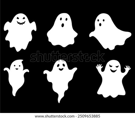 silhouette of a collection of white ghosts isolated on a black background.vector illustration of halloween ghosts