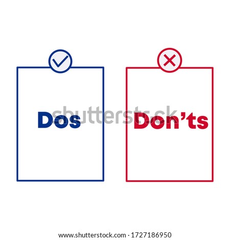 Blue Tick and Red Cross with Do's and Don'ts text. Dos and don'ts information signs. Vector stock illustration.