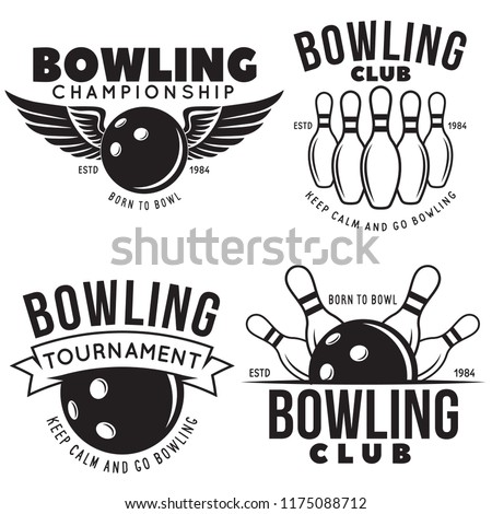 Set of vector vintage monochrome style bowling logo, icons and symbol. Bowling ball and bowling pins illustration. Trendy design elements, isolated on white background.