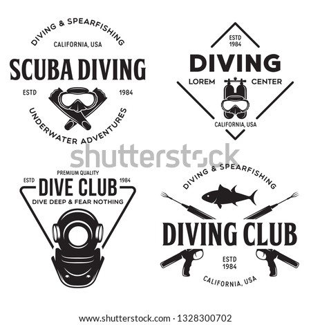 Set of Scuba diving club and diving school design. Concept for shirt or logo, print, stamp or tee. Vintage typography design with diving gear silhouette. Vector illustration.