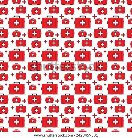 First aid kit seamless pattern. Medical box with cross. Medical equipment for emergency. Healthcare concep for hospital and pharmacy design