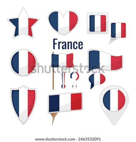 Various France flags set on pole, table flag, mark, star badge and different shapes badges. Patriotic Franconian sticker