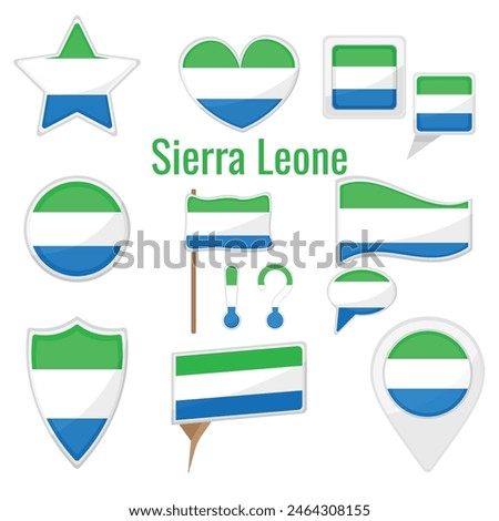 Various Sierra Leone flags set on pole, table flag, mark, star badge and different shapes badges. Patriotic Sierra Leonean sticker