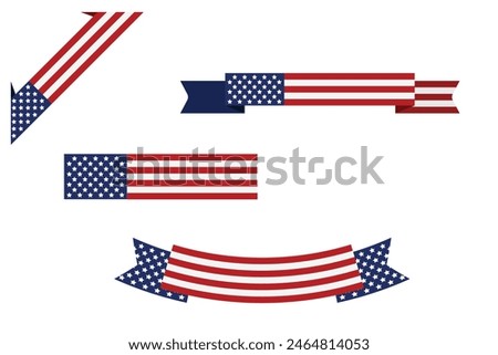 set of Red white blue american flag ribbon USA banner