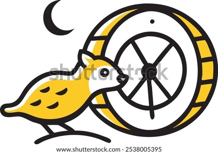 A hamster in motion on its wheel at night, with a small owl icon subtly present. The hamster looks lively and alert, with a white background focusing on the concept of nocturnal activity.