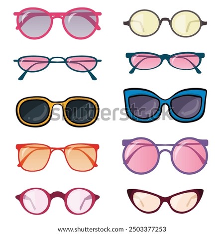 A collection of eyeglasses in different styles isolated on white background.