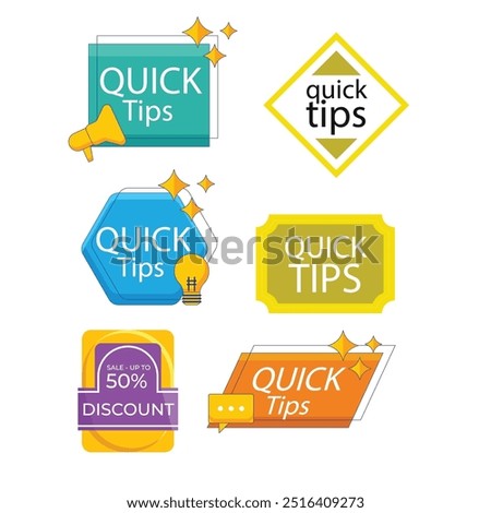 Quick tips label vector set modern style for tooltip badge, solution and advice banner, helpful tricks, useful information sticker, education tag, hint, new knowledge and study practice. 10 eps