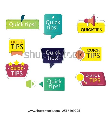 Quick tips label vector set modern style for tooltip badge, solution and advice banner, helpful tricks, useful information sticker, education tag, hint, new knowledge and study practice. 10 eps